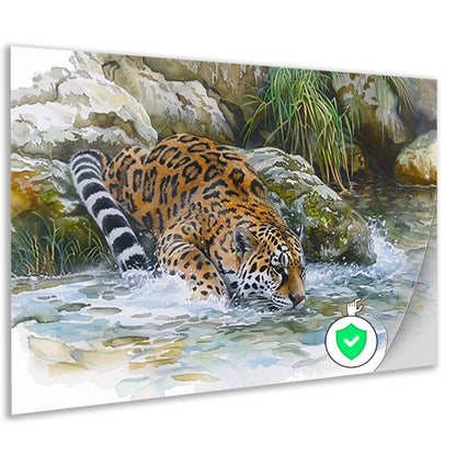 Realistische aquarel van een jaguar in water poster