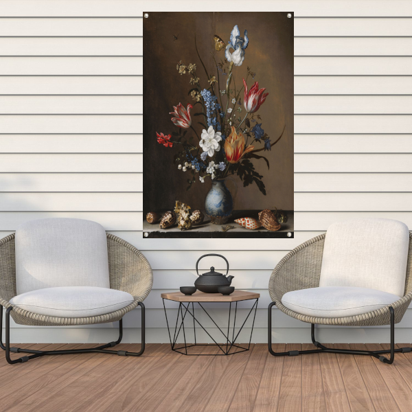 Bloemen in een Wan-Li vaas met schelpen - Balthasar van der Ast tuinposter