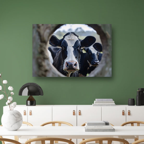 Nieuwsgierige Koe in Zwart-Wit Portret canvas