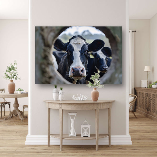Nieuwsgierige Koe in Zwart-Wit Portret canvas
