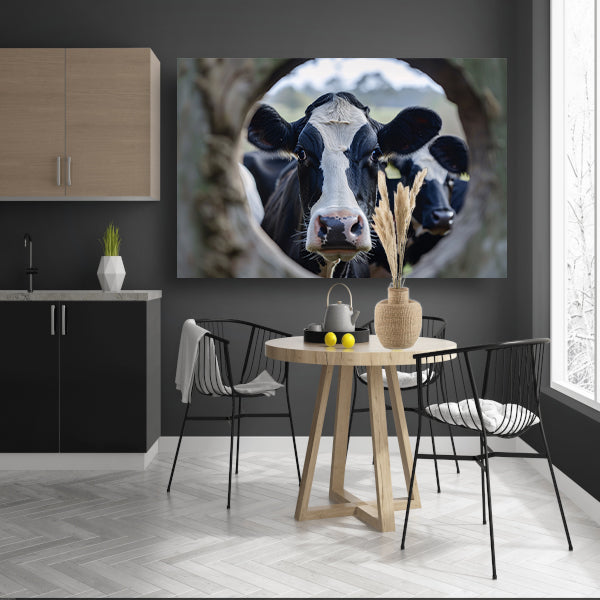 Nieuwsgierige Koe in Zwart-Wit Portret canvas