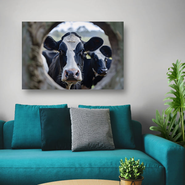 Nieuwsgierige Koe in Zwart-Wit Portret canvas
