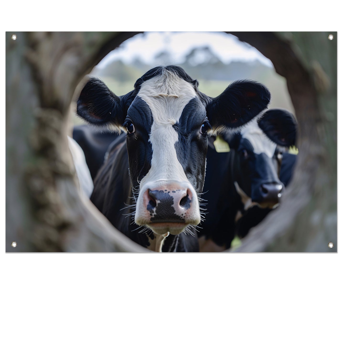 Nieuwsgierige Koe in Zwart-Wit Portret tuinposter