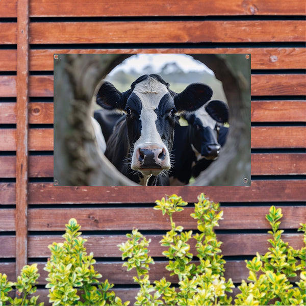 Nieuwsgierige Koe in Zwart-Wit Portret tuinposter