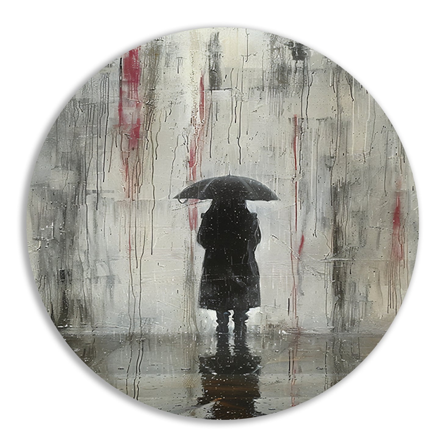 Eenzame Figuur Onder Reflecterende Regen aluminium muurcirkel