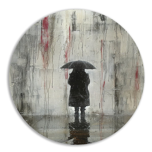 Eenzame Figuur Onder Reflecterende Regen aluminium muurcirkel