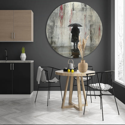 Eenzame Figuur Onder Reflecterende Regen aluminium muurcirkel