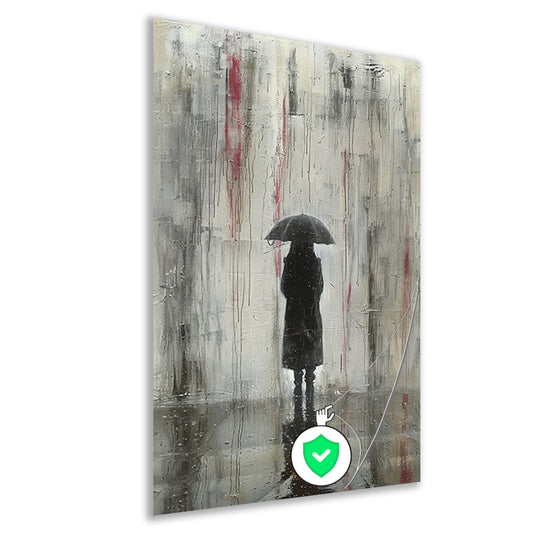 Eenzame Figuur Onder Reflecterende Regen poster