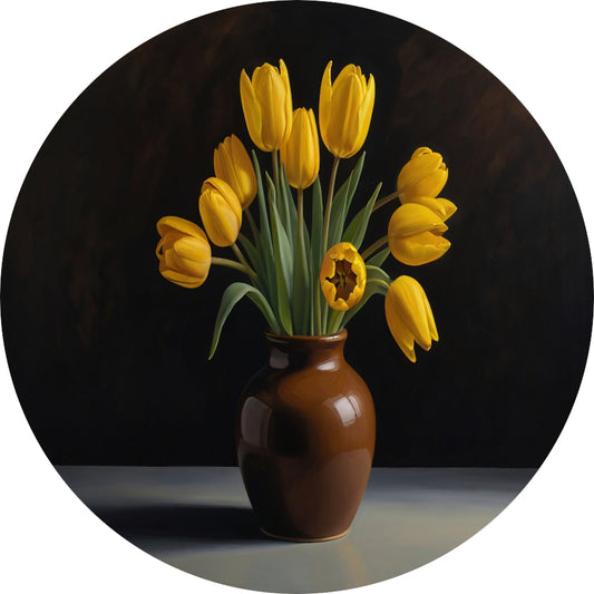 Gele Tulpen in Harmonie met Bruine Vaas aluminium muurcirkel
