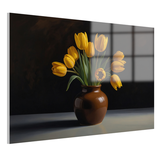 Gele Tulpen in Harmonie met Bruine Vaas acrylglas