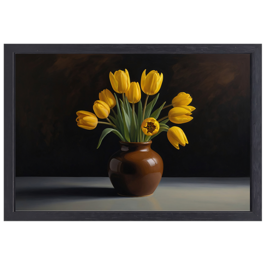 Gele Tulpen in Harmonie met Bruine Vaas canvas met baklijst