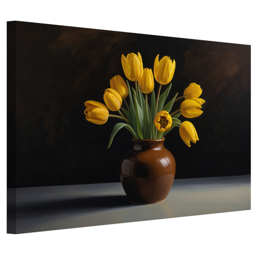 Gele Tulpen in Harmonie met Bruine Vaas canvas