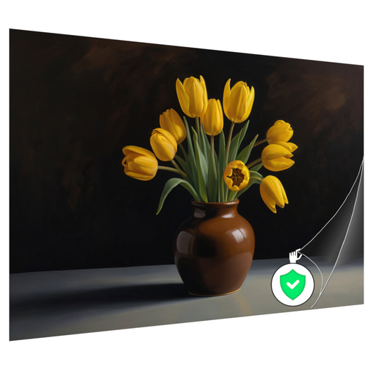 Gele Tulpen in Harmonie met Bruine Vaas poster