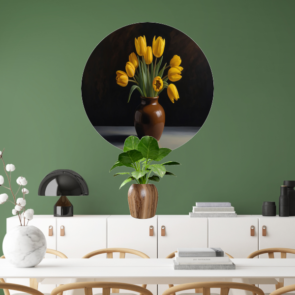 Gele Tulpen in Harmonie met Bruine Vaas aluminium muurcirkel