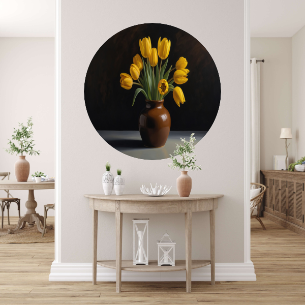 Gele Tulpen in Harmonie met Bruine Vaas aluminium muurcirkel