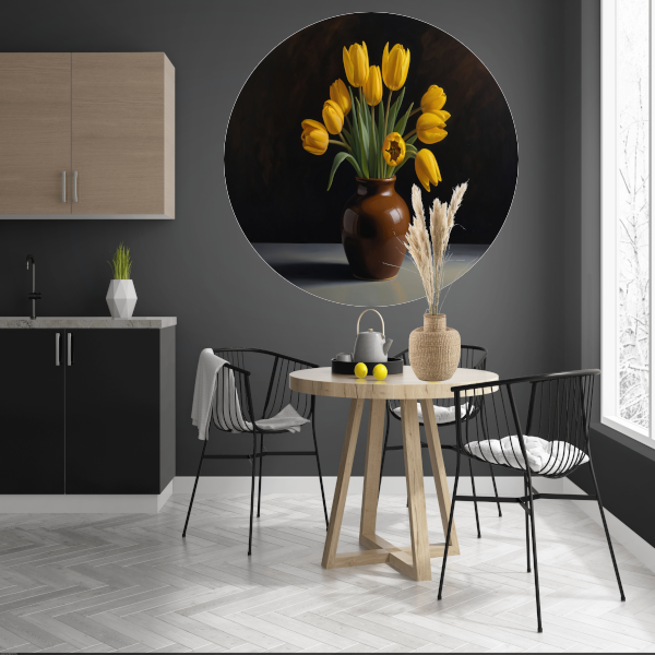 Gele Tulpen in Harmonie met Bruine Vaas aluminium muurcirkel