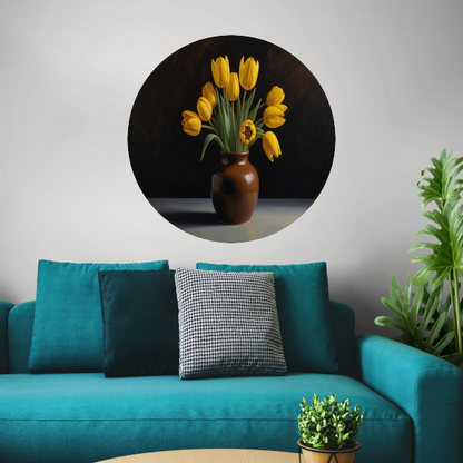 Gele Tulpen in Harmonie met Bruine Vaas aluminium muurcirkel