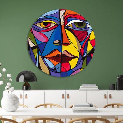 Kubistisch portret in levendige kleuren aluminium muurcirkel