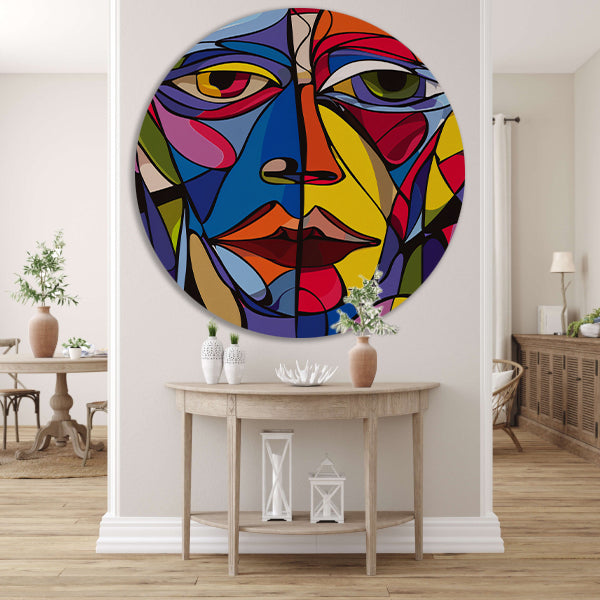 Kubistisch portret in levendige kleuren aluminium muurcirkel