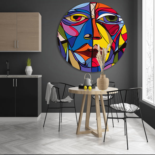 Kubistisch portret in levendige kleuren aluminium muurcirkel