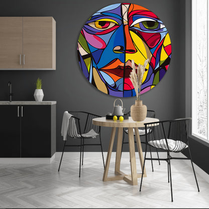 Kubistisch portret in levendige kleuren aluminium muurcirkel
