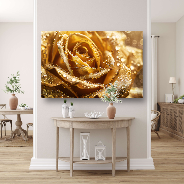 Gouden roos bedekt met glinsterende dauwdruppels acrylglas