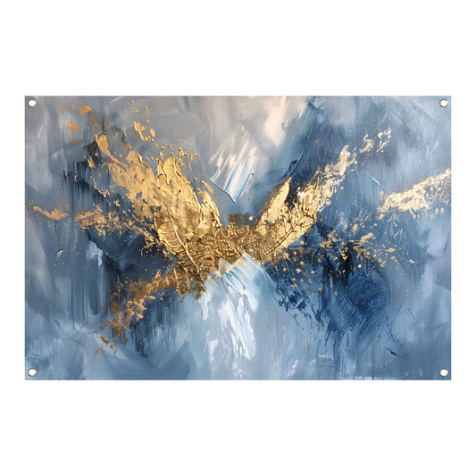 Dynamische abstracte gouden vleugels op blauw tuinposter