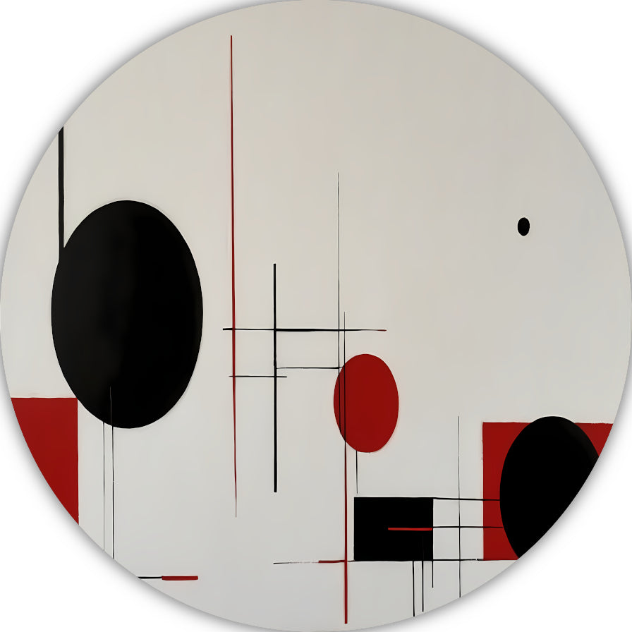 Abstract geometrisch spel in zwart en rood aluminium muurcirkel