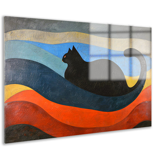 Zwarte kat met kleurrijke golvende achtergrond acrylglas