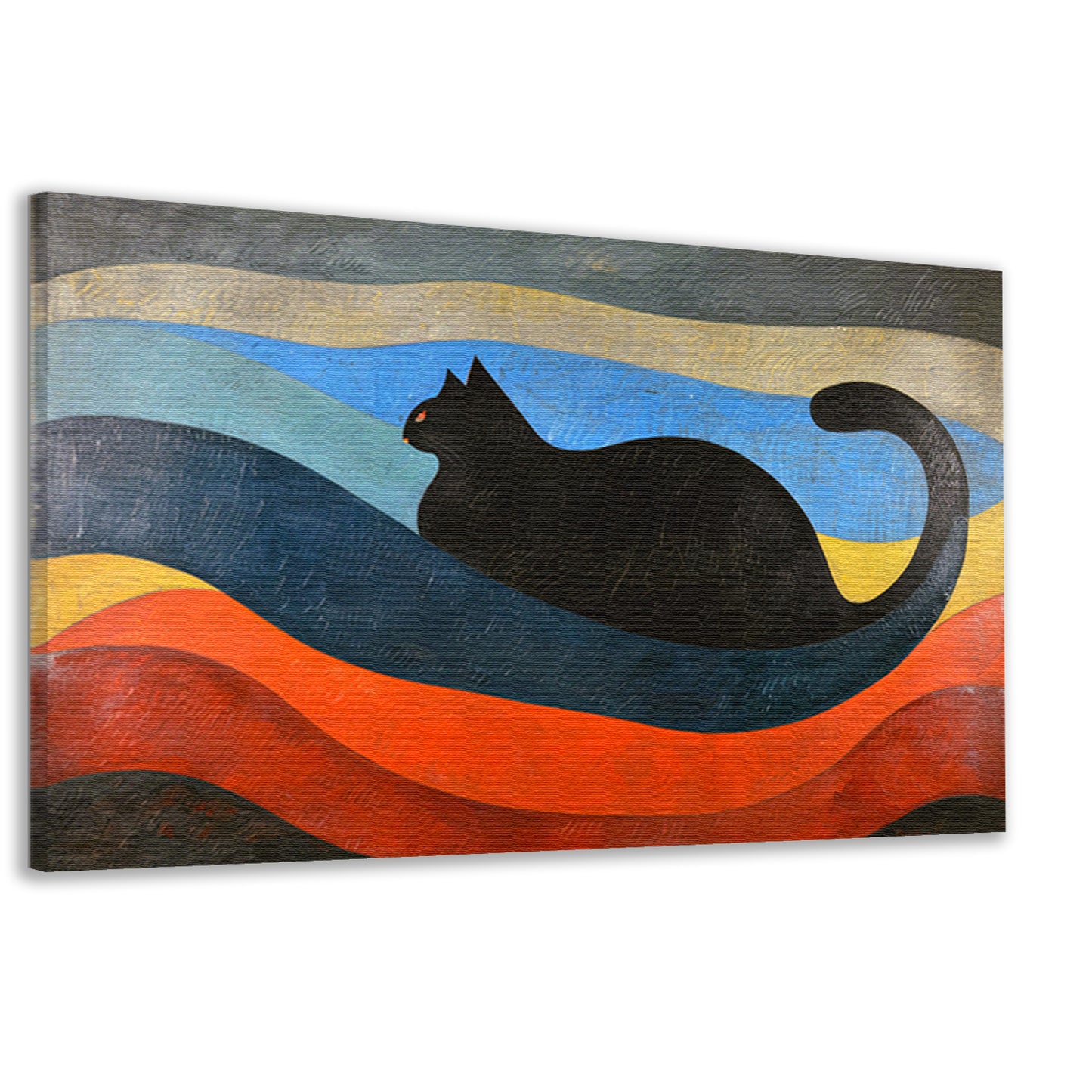 Zwarte kat met kleurrijke golvende achtergrond canvas