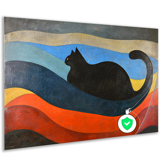 Zwarte kat met kleurrijke golvende achtergrond poster