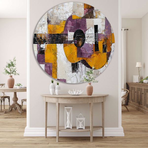 Abstracte kleurrijke gitaar schilderij voor interieur aluminium muurcirkel