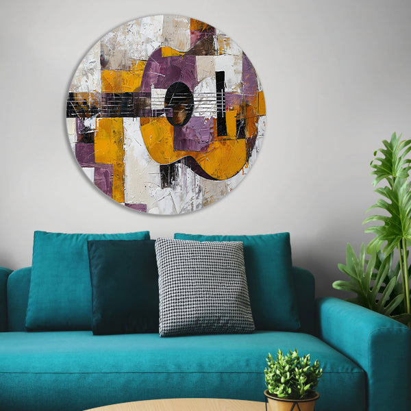 Abstracte kleurrijke gitaar schilderij voor interieur aluminium muurcirkel