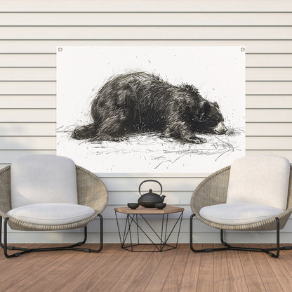 Minimalistische tekening van slapende beer tuinposter