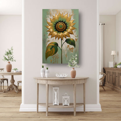 Elegante Gouden Zonnebloem op Groen canvas