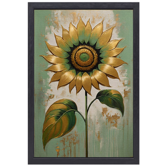 Elegante Gouden Zonnebloem op Groen canvas met baklijst
