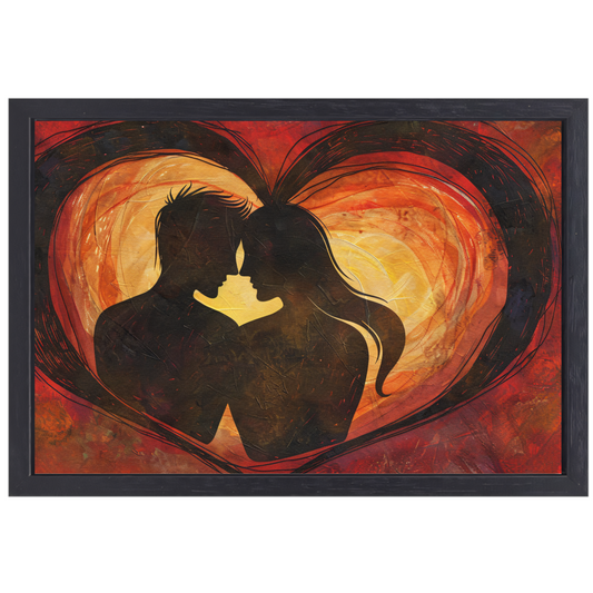 Twee Silhouetten en Hart in Warme Tinten canvas met baklijst