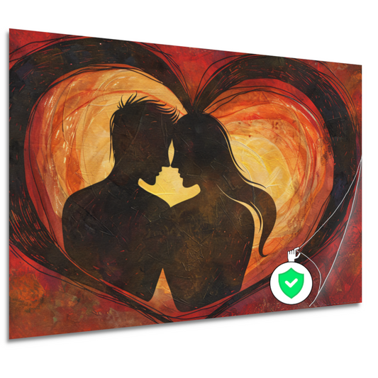 Twee Silhouetten en Hart in Warme Tinten poster