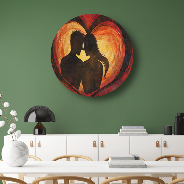 Twee Silhouetten en Hart in Warme Tinten aluminium muurcirkel