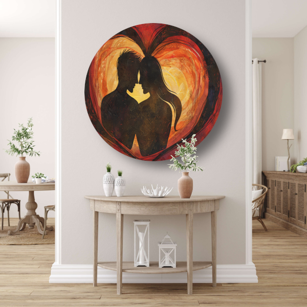 Twee Silhouetten en Hart in Warme Tinten aluminium muurcirkel