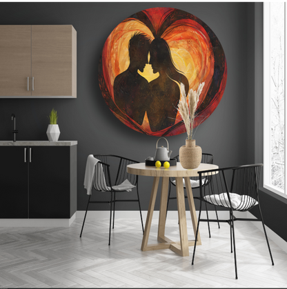 Twee Silhouetten en Hart in Warme Tinten aluminium muurcirkel