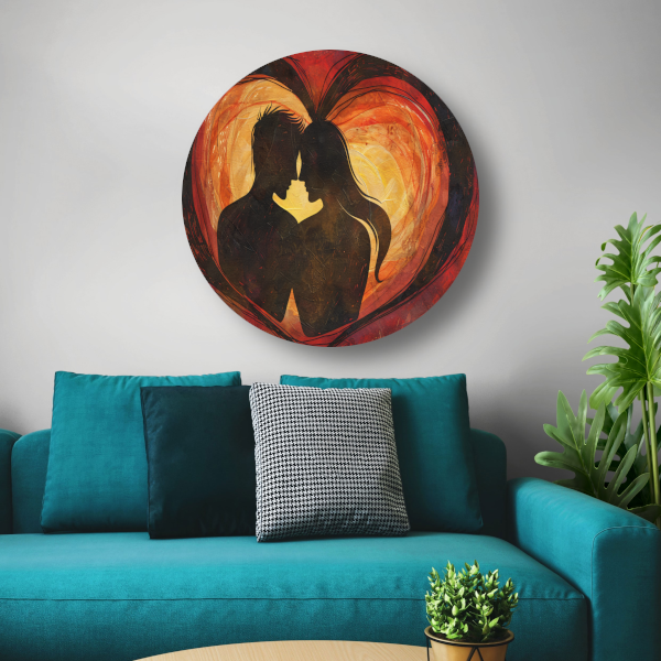 Twee Silhouetten en Hart in Warme Tinten aluminium muurcirkel