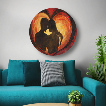 Twee Silhouetten en Hart in Warme Tinten aluminium muurcirkel