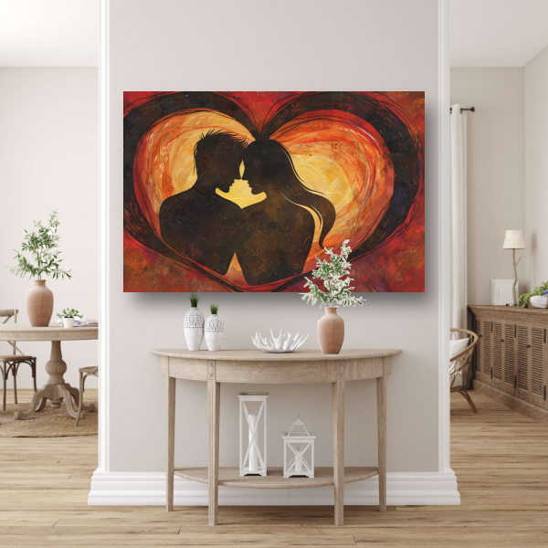 Twee Silhouetten en Hart in Warme Tinten poster