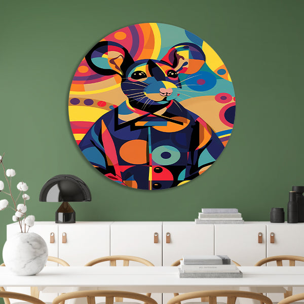 Kleurrijk Pop Art Muis in Jasje aluminium muurcirkel
