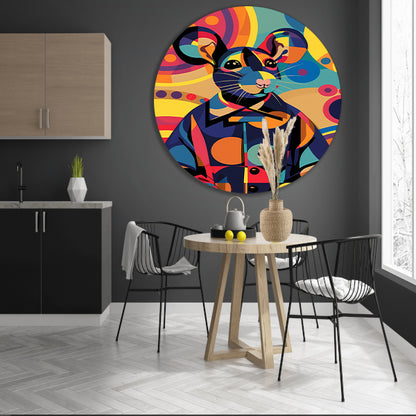 Kleurrijk Pop Art Muis in Jasje aluminium muurcirkel