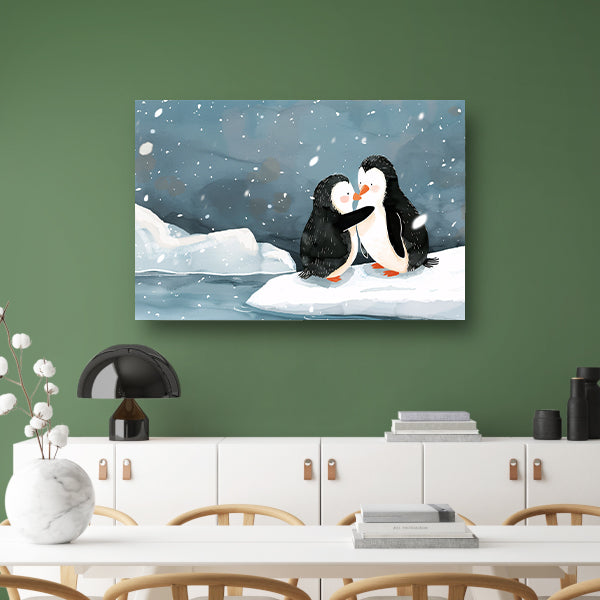 Knuffelende pinguïns in een winterse sneeuwbui canvas