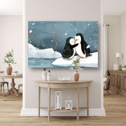 Knuffelende pinguïns in een winterse sneeuwbui canvas