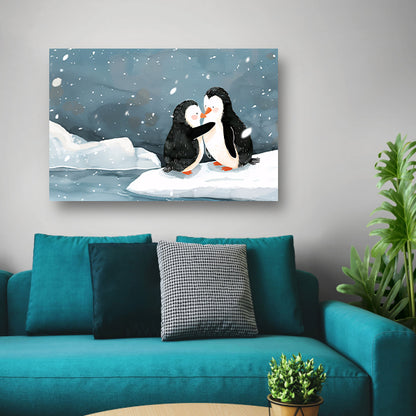 Knuffelende pinguïns in een winterse sneeuwbui canvas