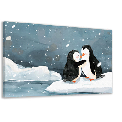 Knuffelende pinguïns in een winterse sneeuwbui canvas